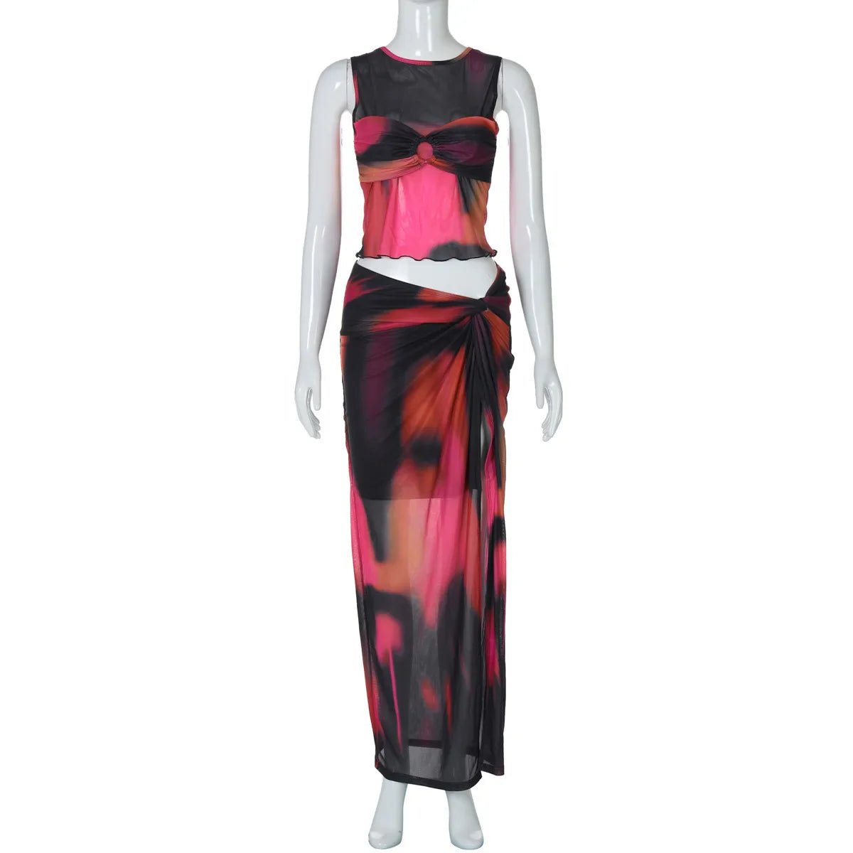 Printed Mesh Tank Top And Slit Midi Skirt Set