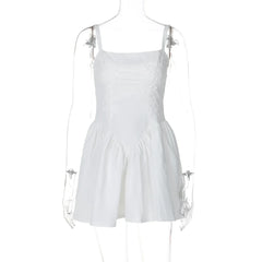 Embroidered Strap Pleated Mini Dress