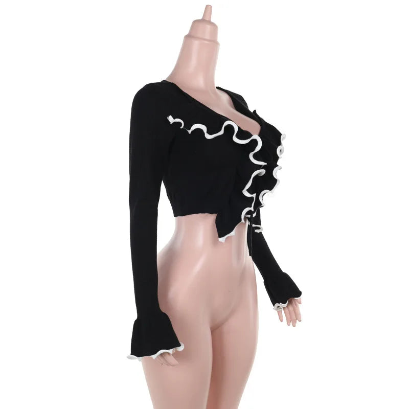 Black Long Sleeve Tie Up Ruffles Top