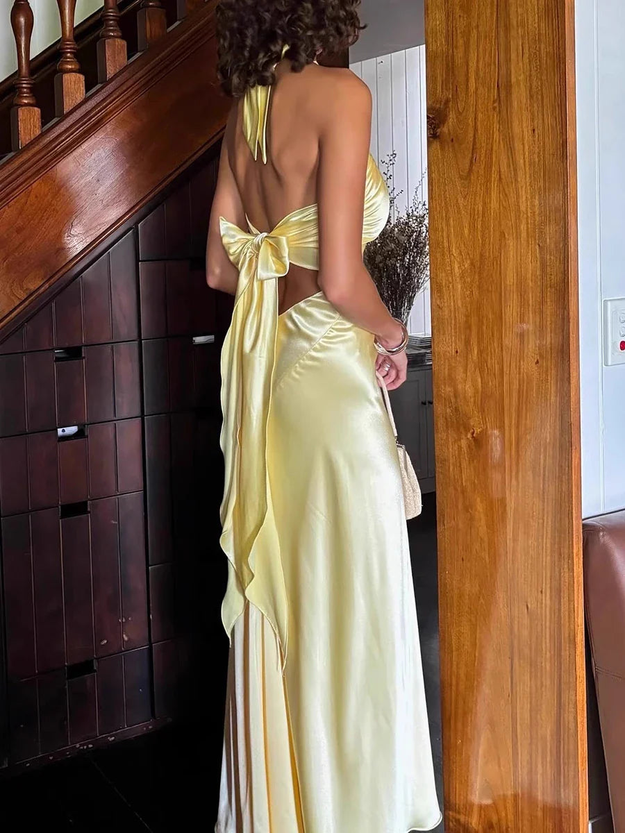 Yellow Satin Back Tie Up Maxi Dress