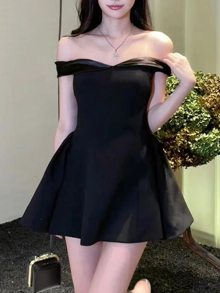 Satin Contrast Off-shoulder Mini Dress