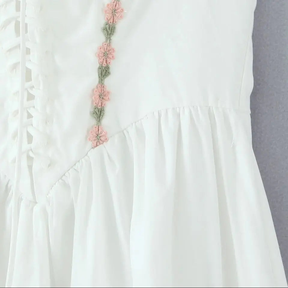 White Embroidery Flower Lapel Bow Halter Midi Dress