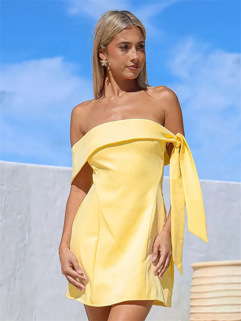 Off-shoulder Tie Up Solid Mini Dress