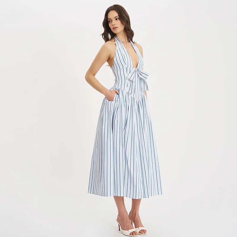 Blue Stripe Deep Neck Maxi Dress – JeeBas