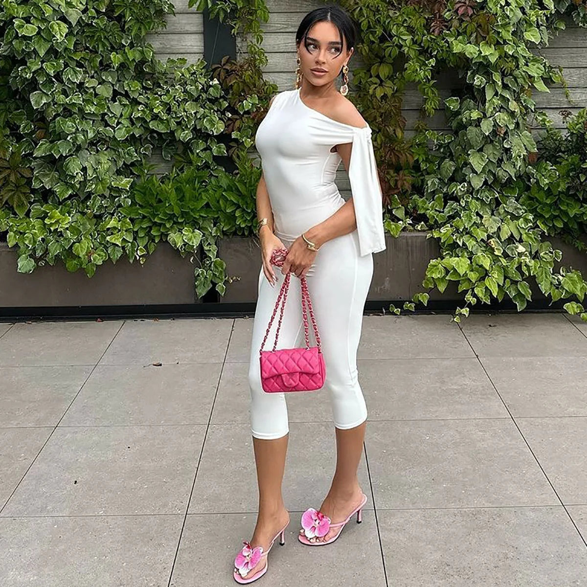 White One Shoulder Tie Up Top And Knee Length Pant Set