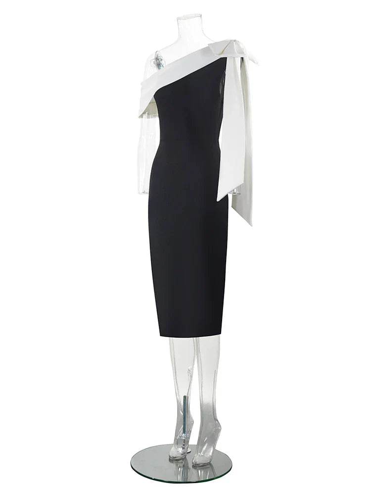 Black One Shoulder Contrast Tie Up  Midi Dress