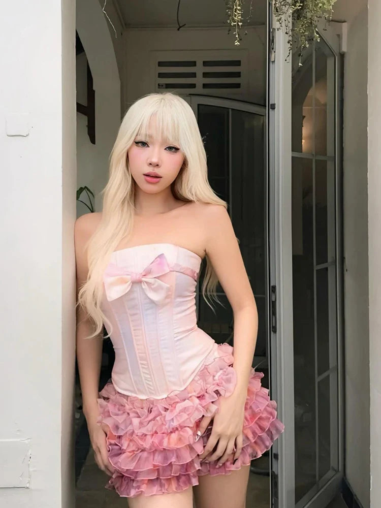 Strapless Corset Top And Ruffles A-line Mini Skirt Set