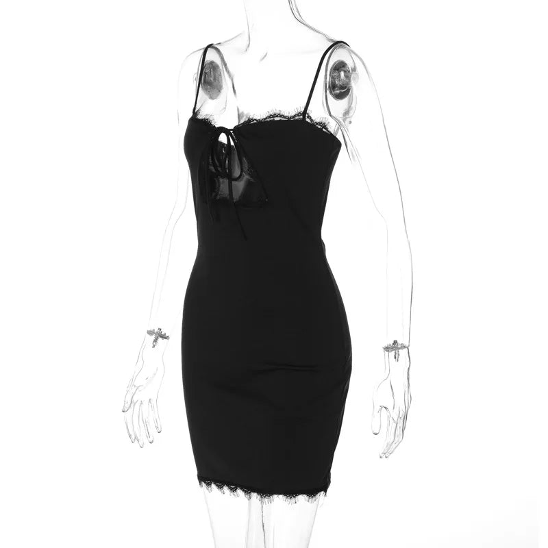 Black Lace Tie Up Strappy Mini Dress