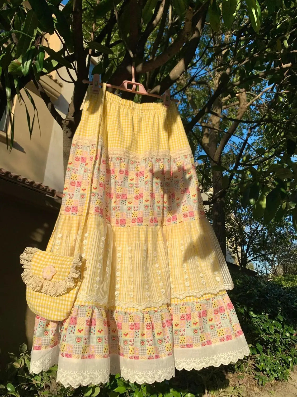 Yellow Floral Print Patchwork Lace Maxi Skirt - Sweet A-Line
