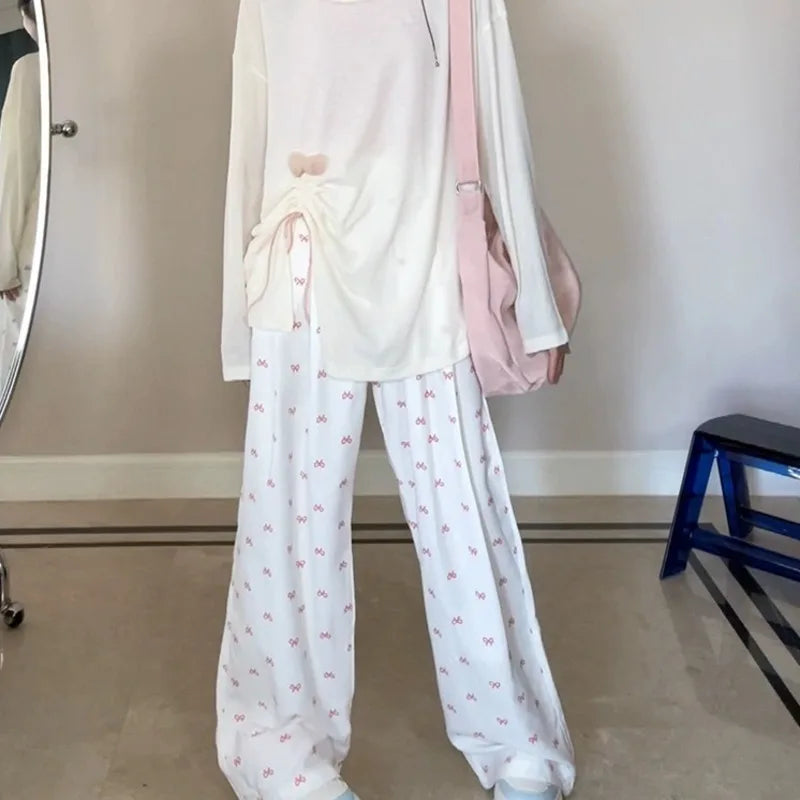 Bow Printed Wide Leg Pants