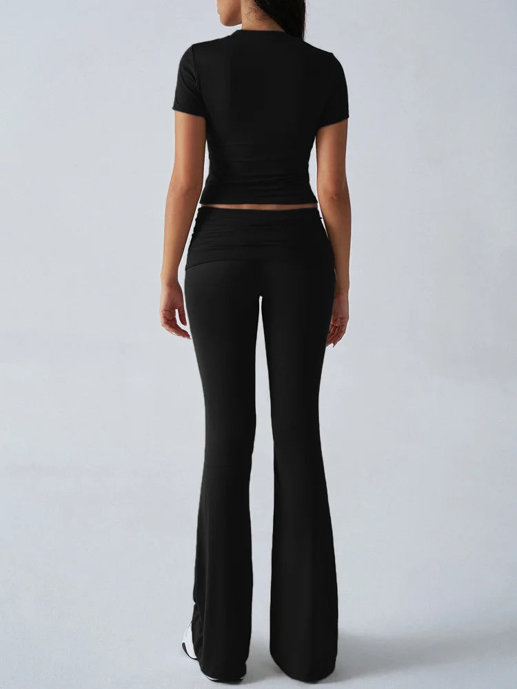 Slim Fit Two Piece Short Sleeve Top & Pant Set - Athleisure Workout Style
