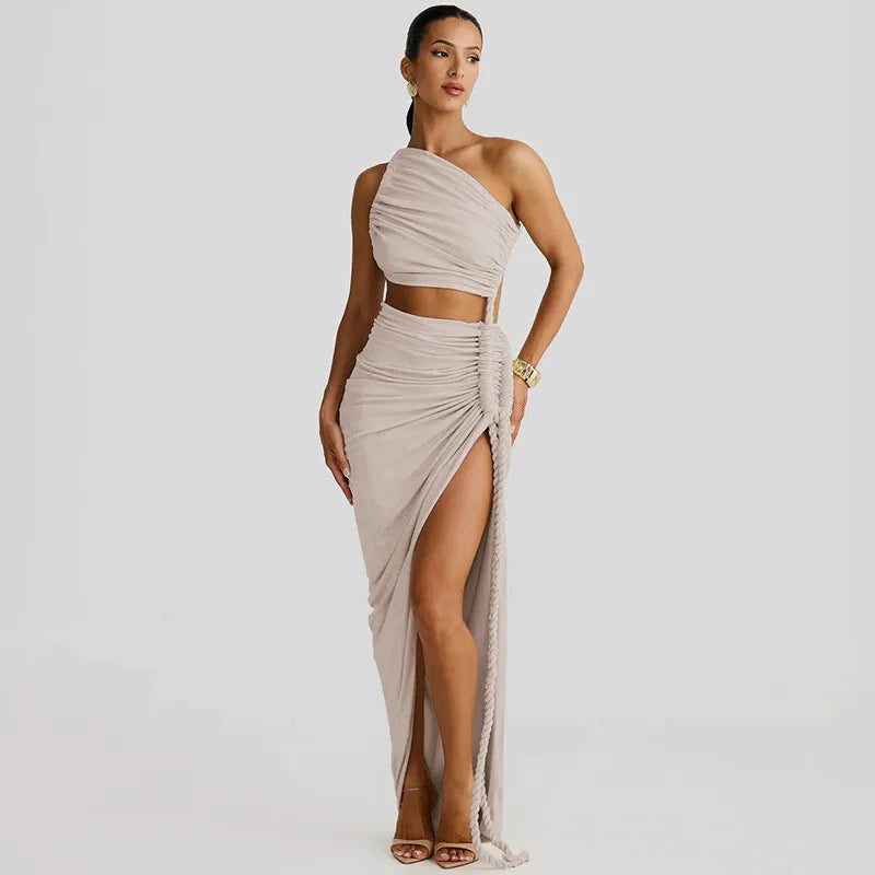 Cut Out Rope Design One Shoulder Slit Midi Dress