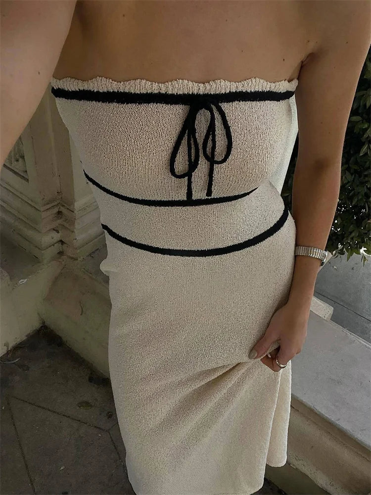 Knit Tube Black Stripe Tie-Up Midi Dress