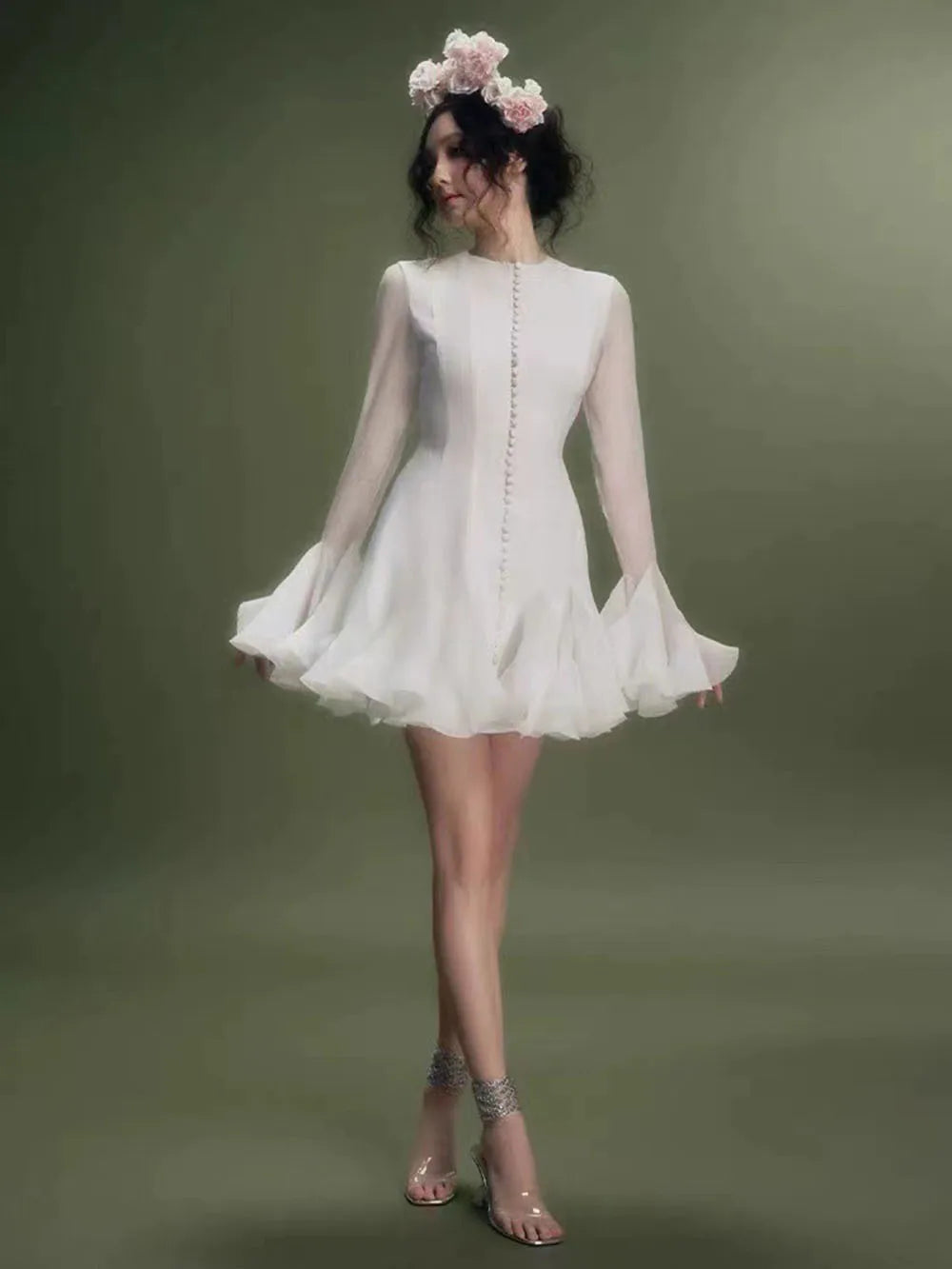 Frill Buttoned Long Sleeve Midi Dress