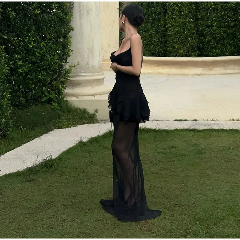 Black Mesh Frill Cami Top And Maxi Skirt Set