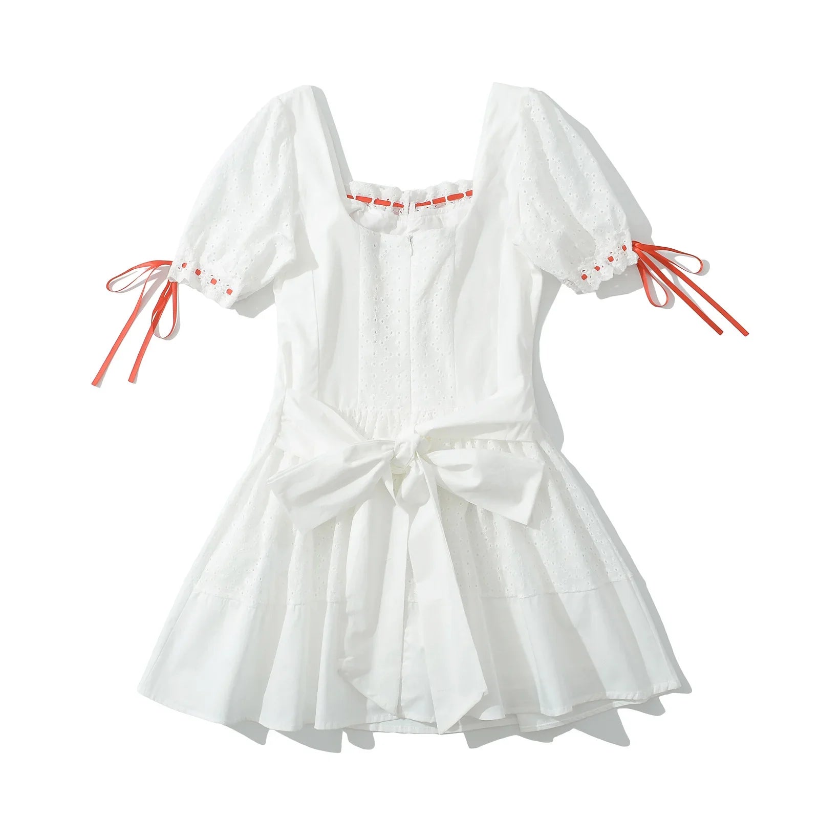 White Puff Sleeve Red Ribbon Lace Up Mini Dress