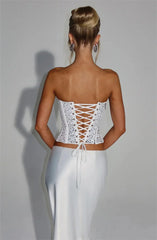 Sequins Scarf Collar Lace Up Corset Top And Satin Maxi Skirt