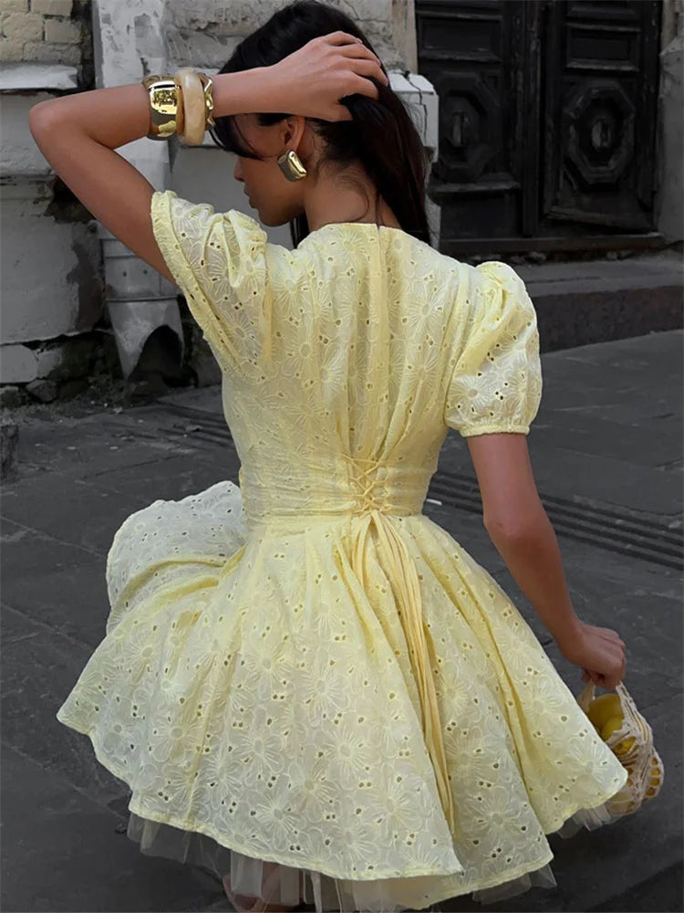 Yellow Tie-Up Puff Sleeve Mini Dress - Office Lady Slim Fit