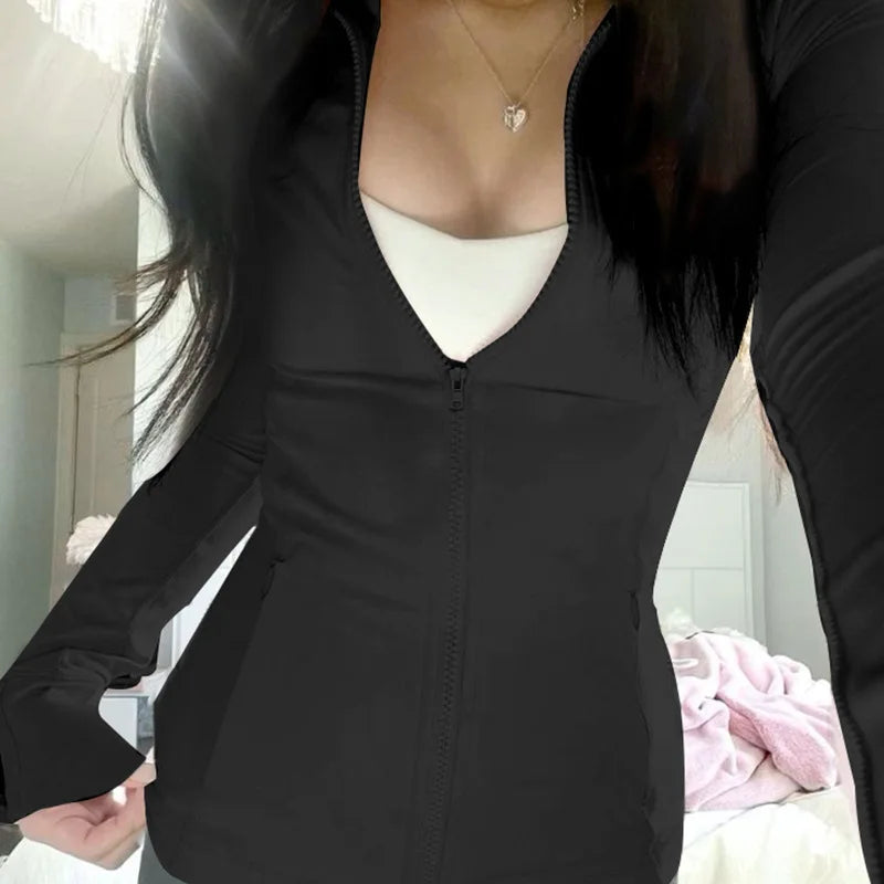 Solid Zipper Hoodie Sports Yoga Top