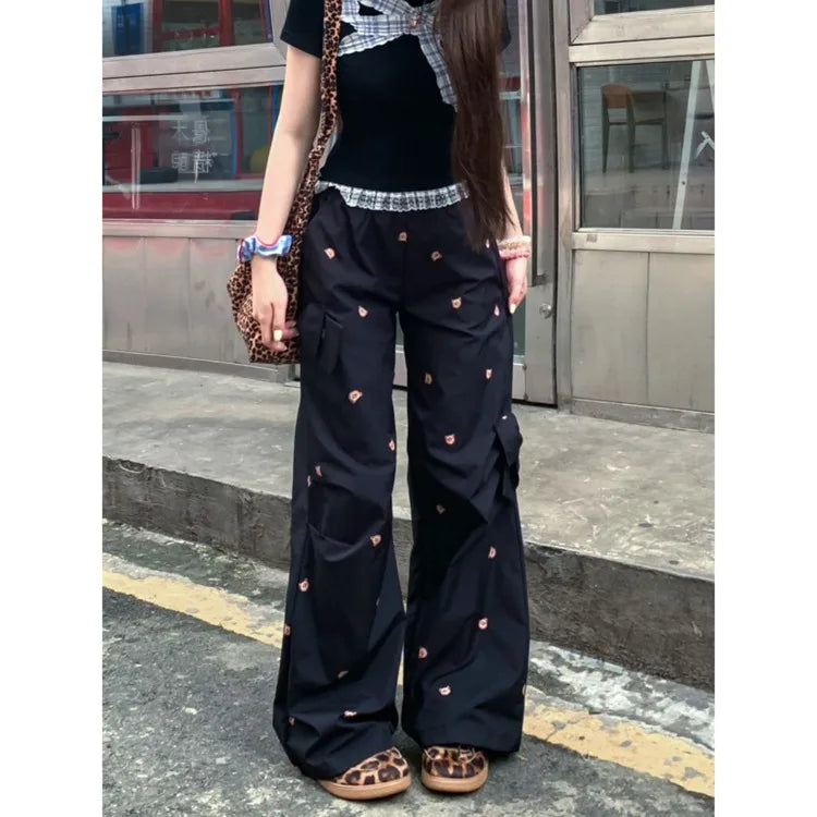 Bows Bear Printed Wide Leg Elastic Cargo Pants