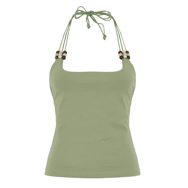 Green Beaded Halter Strap Top
