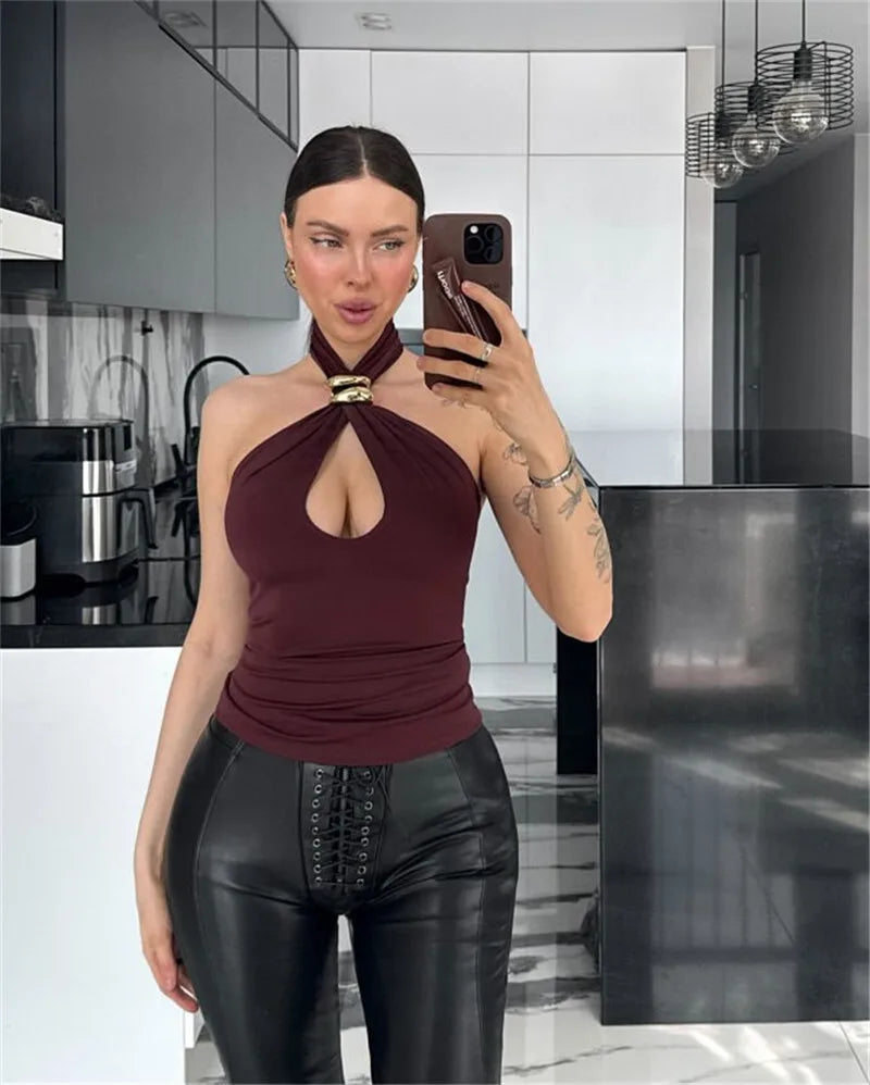Halter Hollow Out Metal Ring Design Top