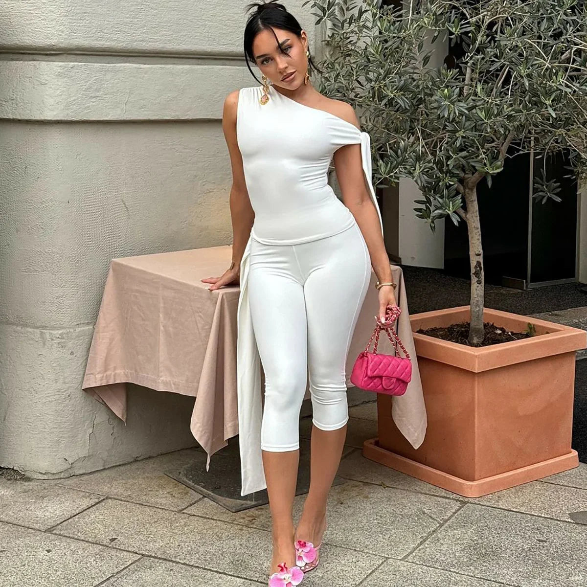 White One Shoulder Tie Up Top And Knee Length Pant Set