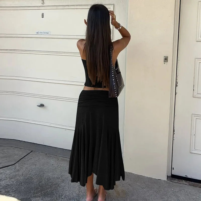 Knot One Shoulder Top And Ruched Midi Skirt Set