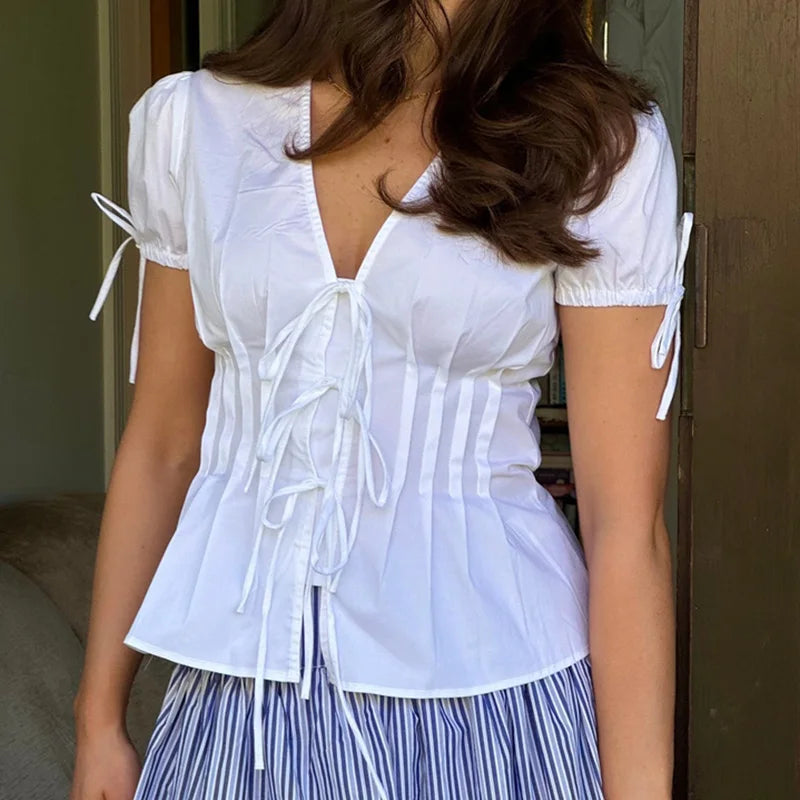 Short Sleeve Tie Up Pleated Waist Blouse