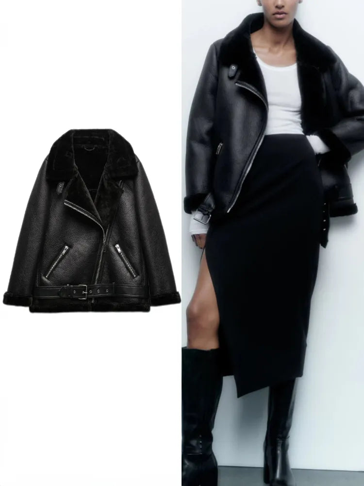 Faux Leather Double-Sided Zipper Biker Jacket