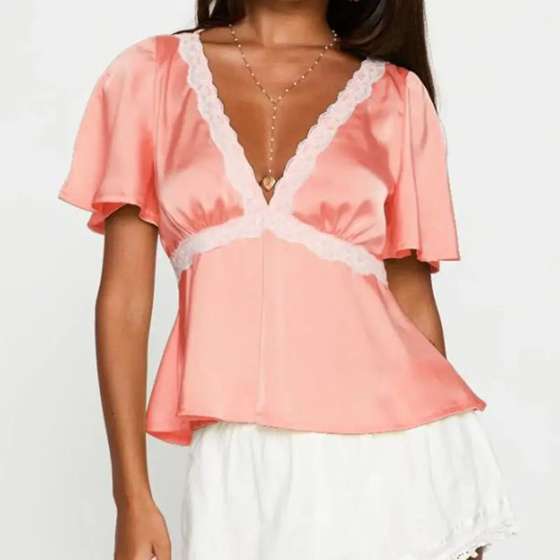 Lace Trim Flare Sleeve Top - High Street Chic