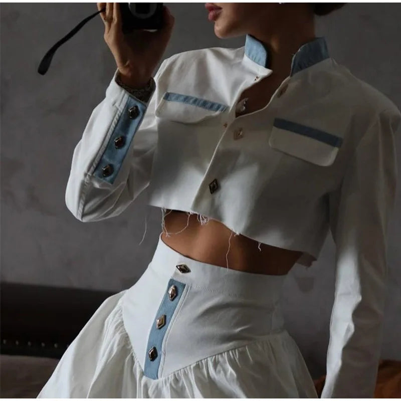 Crop Jacket And Puff Buttoned Mink Skirt Contrast Set