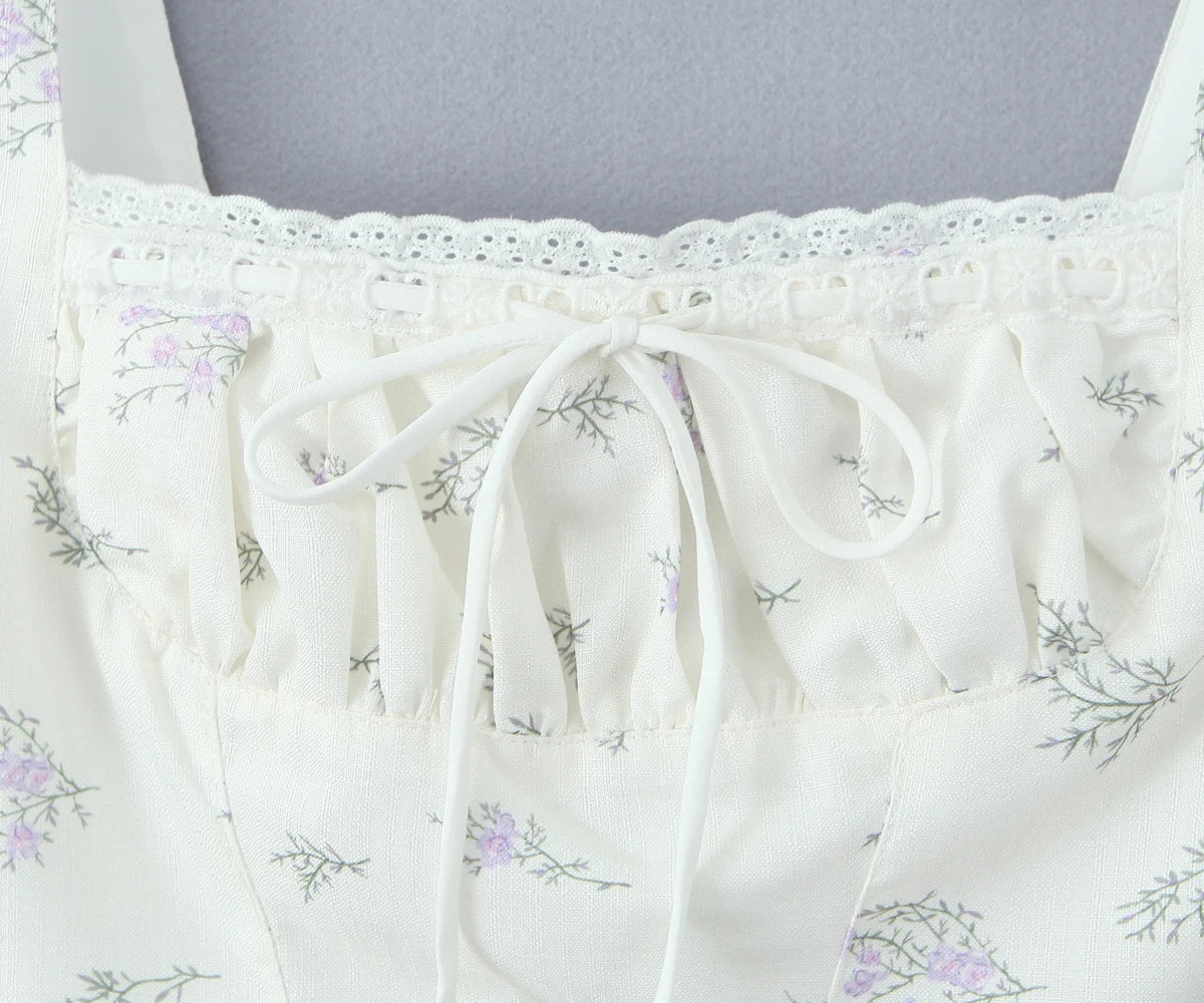 White Floral Print Tie Up Top