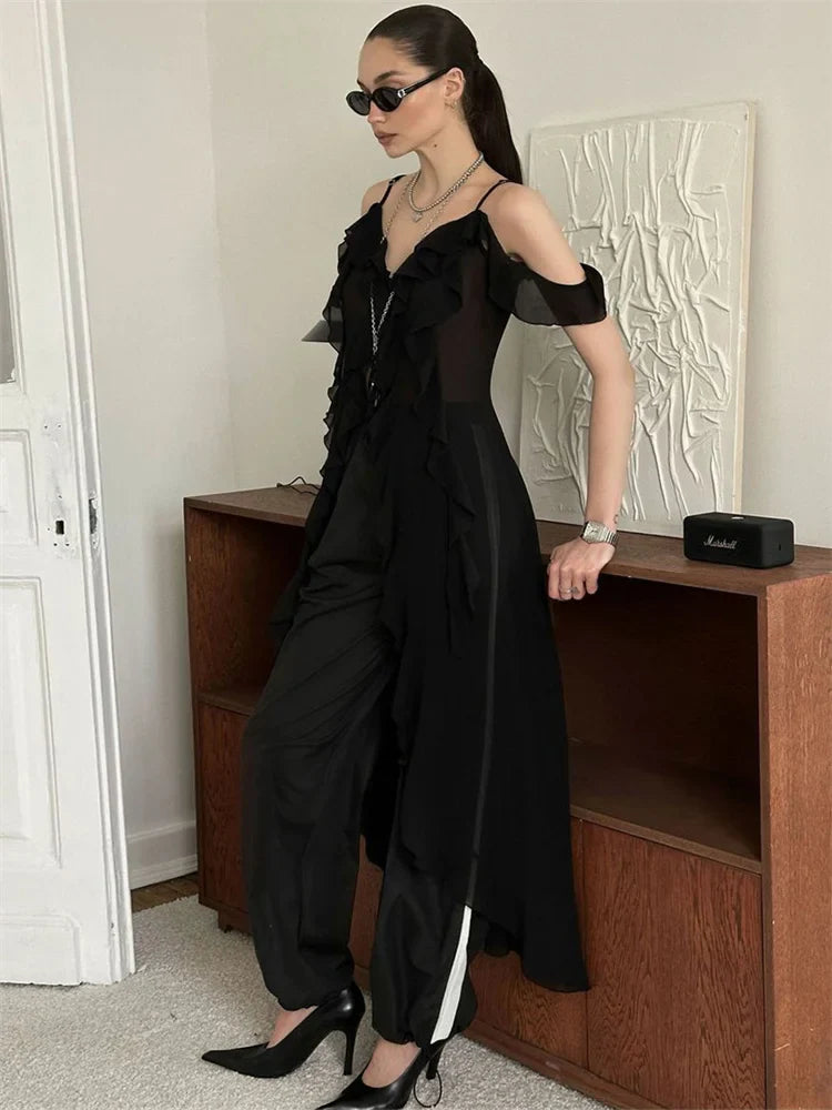 Ruffled Fringe Strap V-Neck Long Top