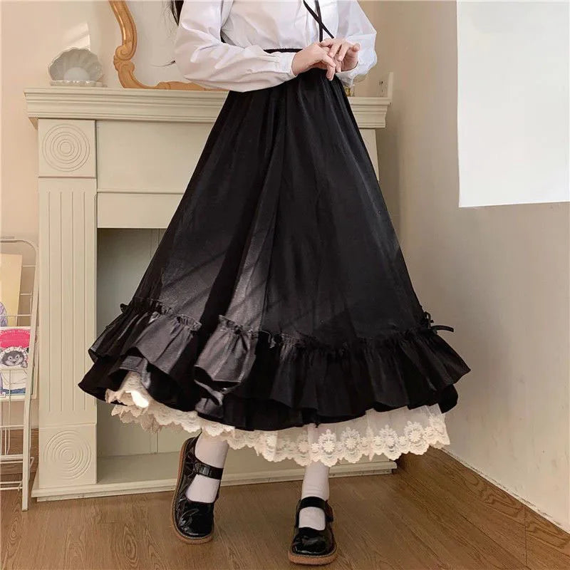Ruffles Lace Trim Bow Maxi Skirt - Preppy A-Line