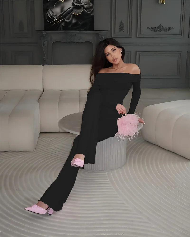 Long Sleeve Off-Shoulder Top And Ruched Pants Set