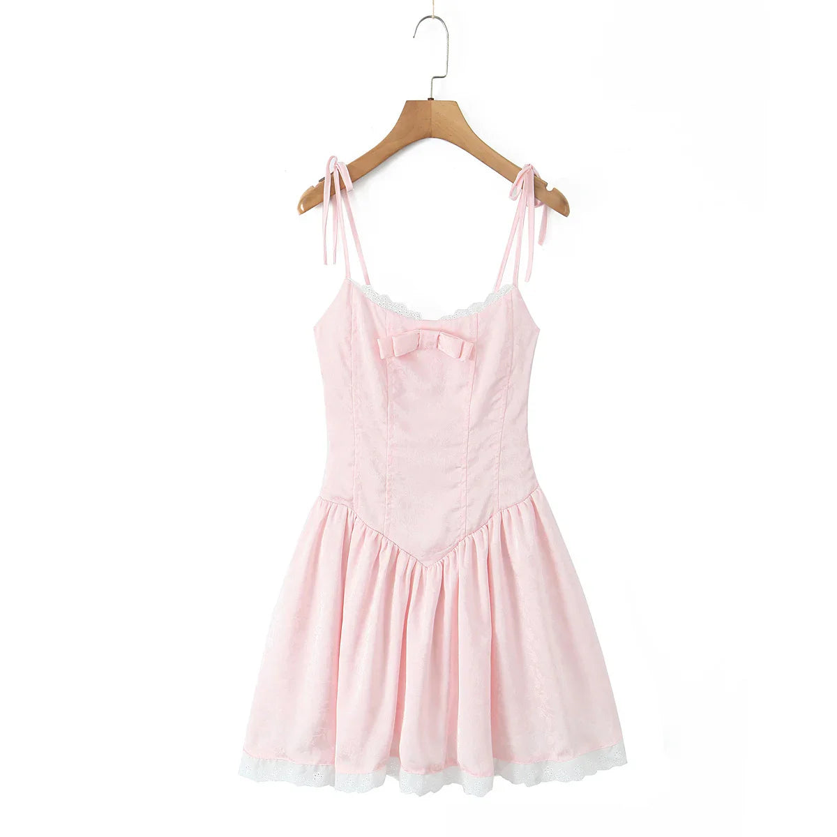 Tie Up Bow Lace Trim Flare Mini Dress