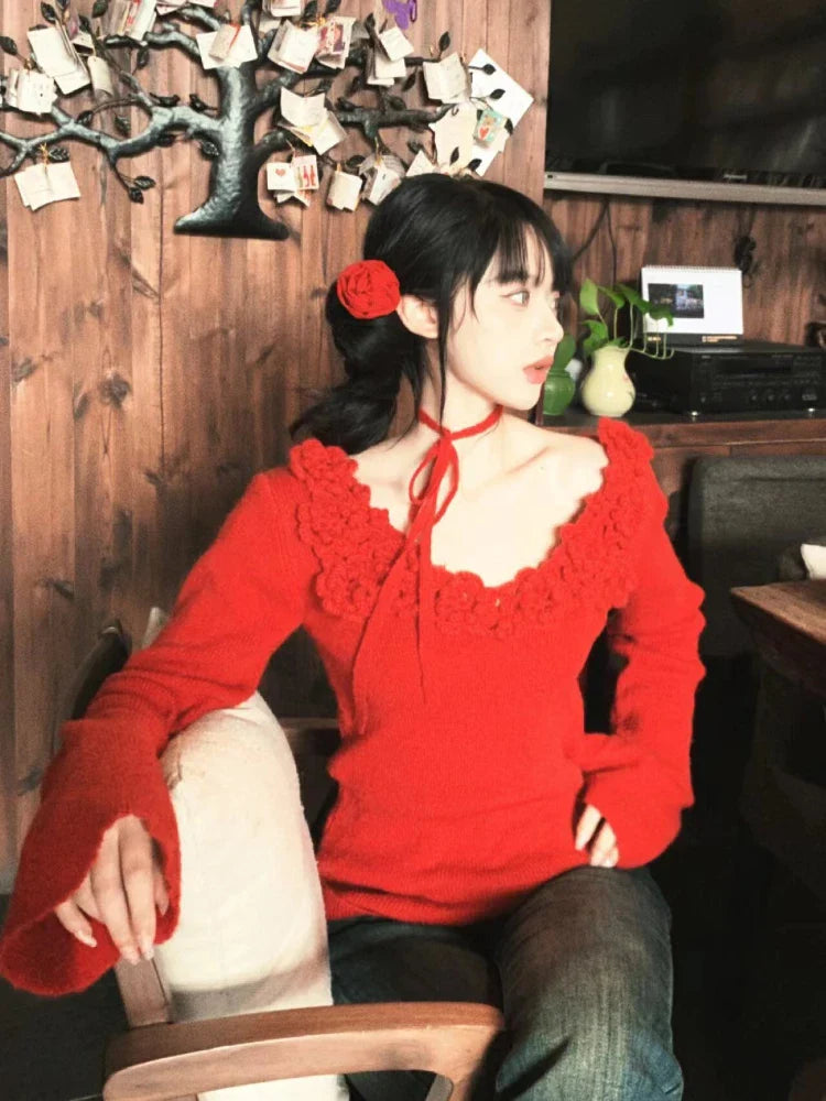 Red 3D Flower Off-Shoulder Long Sleeve Top