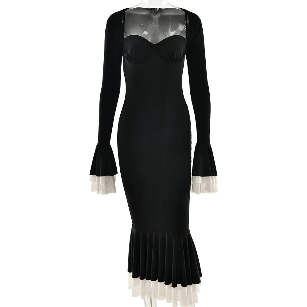 Solid Long Flared Two-piece Crop Sleeve Midi Dress