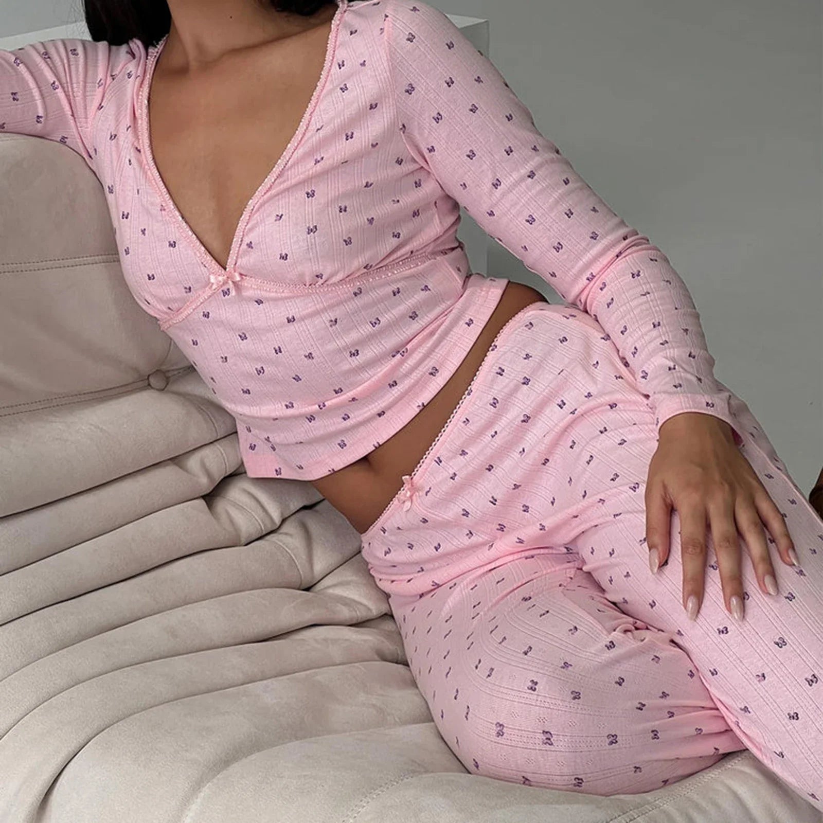 Floral Long Sleeve Tee And Pants Lounge Set