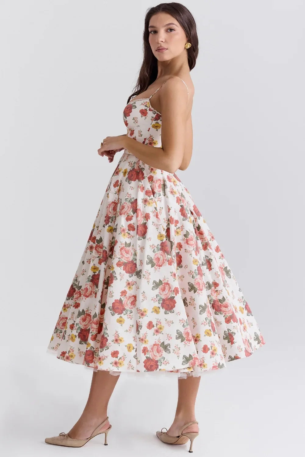 Satin Bustier Strap Tulle Midi Dress