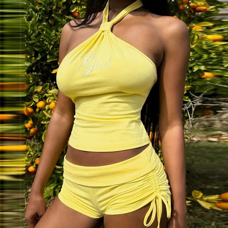 Halter Rhinestone Top & Drawstring Shorts Co-Ord Set - Streetwear Slim Fit