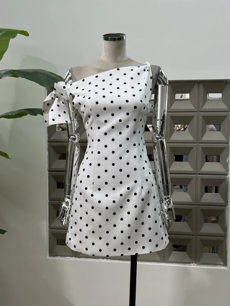 White Polka Dot Tie Up One Shoulder Mini Dress