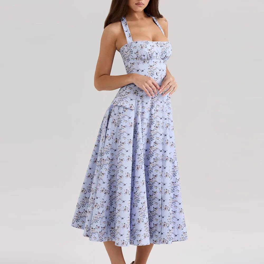 Printed Halter Flare Midi Dress