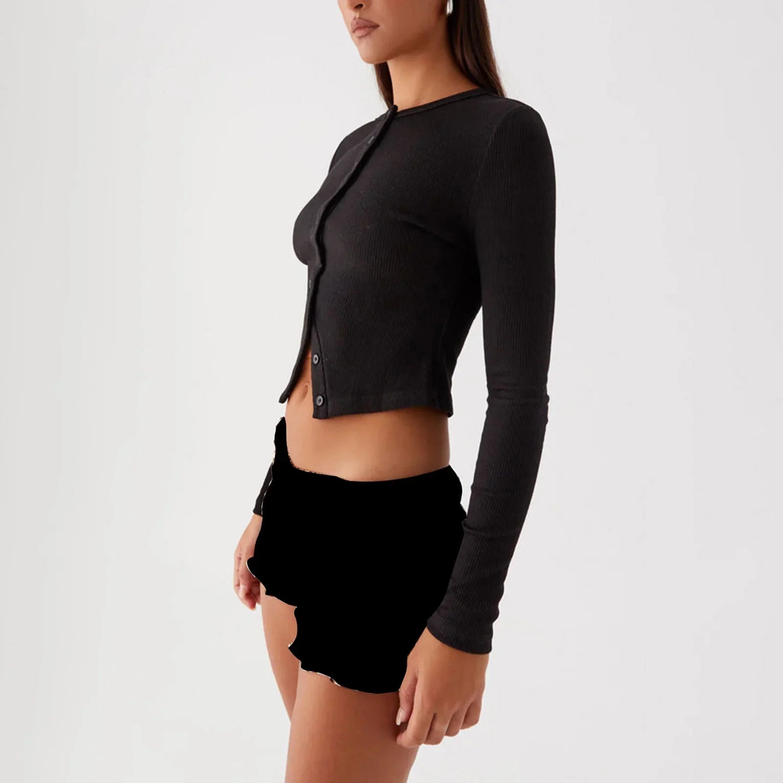 Ribbed Button Long Sleeve Top - Y2K Aesthetic