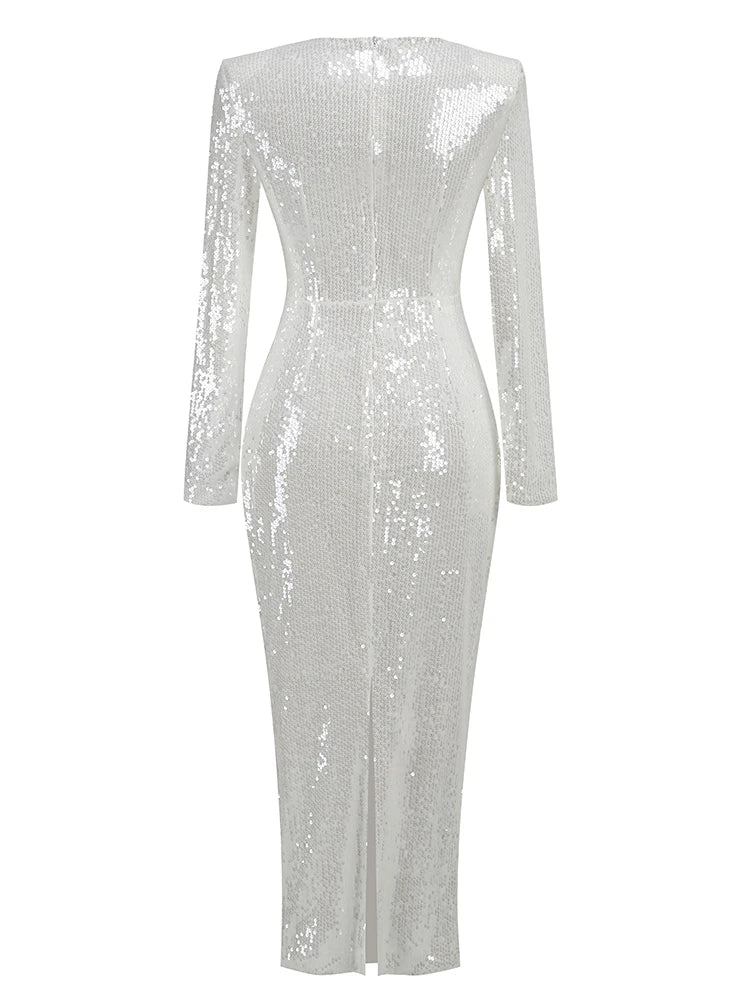 White Sequin Long Sleeve Flower Maxi Dress