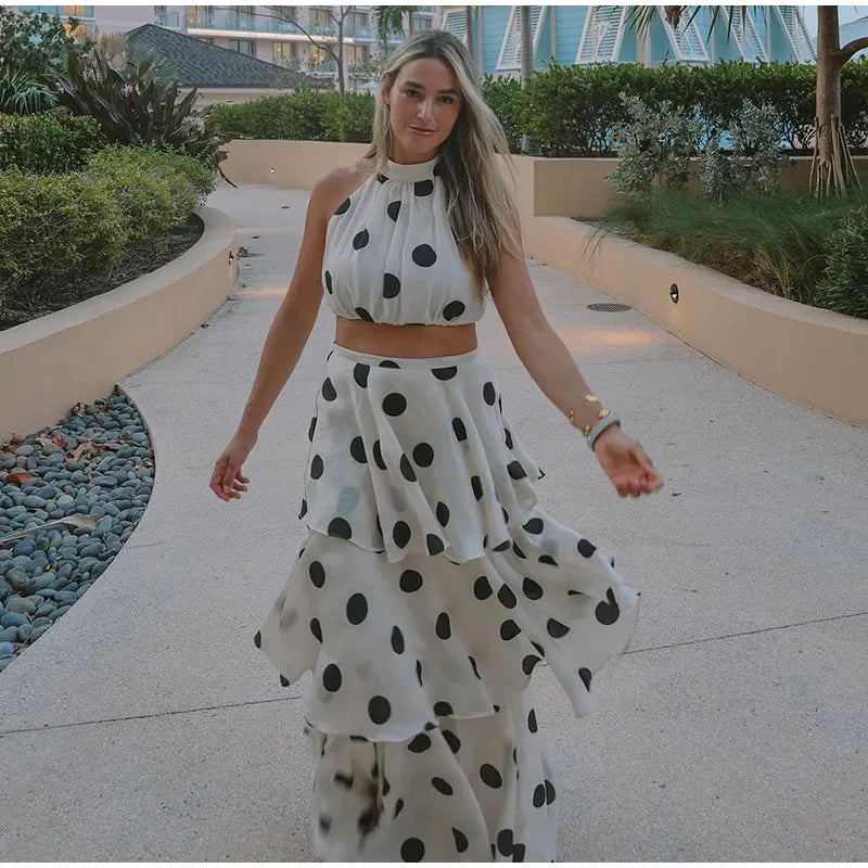 Sleeveless Polka Dot Crop Top And  Multi-Layer Ruffles Skirt Set