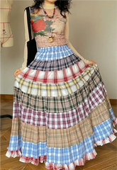 Plaid Patchwork Ruffles Maxi Skirt - Bohemian A-Line