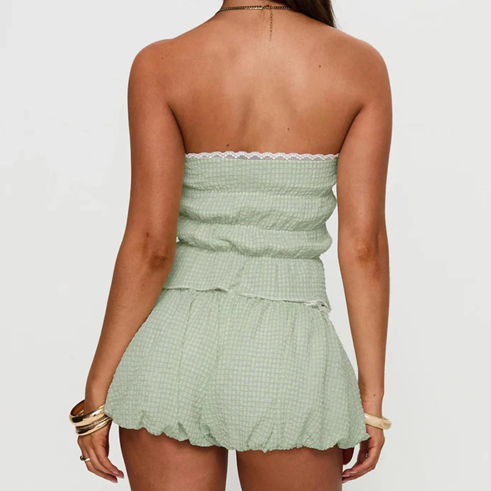 Green Bandeau Tube Top & Shorts Set - Casual Plaid