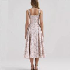Floral Print Square Neck Strap Flare Midi Dress